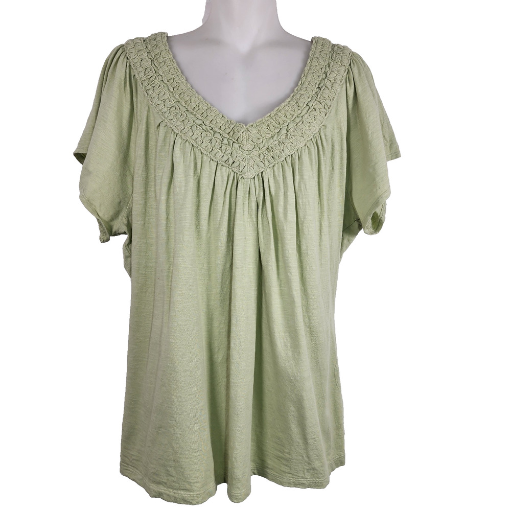 Kiara Womens Top Crochet Short Sleeve V Neck Green Knit Peasant Large Pleated